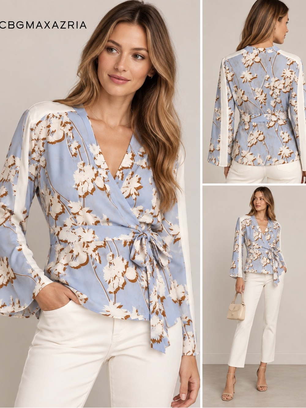 BCBGMaxAzria Sky Blue Floral Wrap Blouse with Cream and Brown Accents